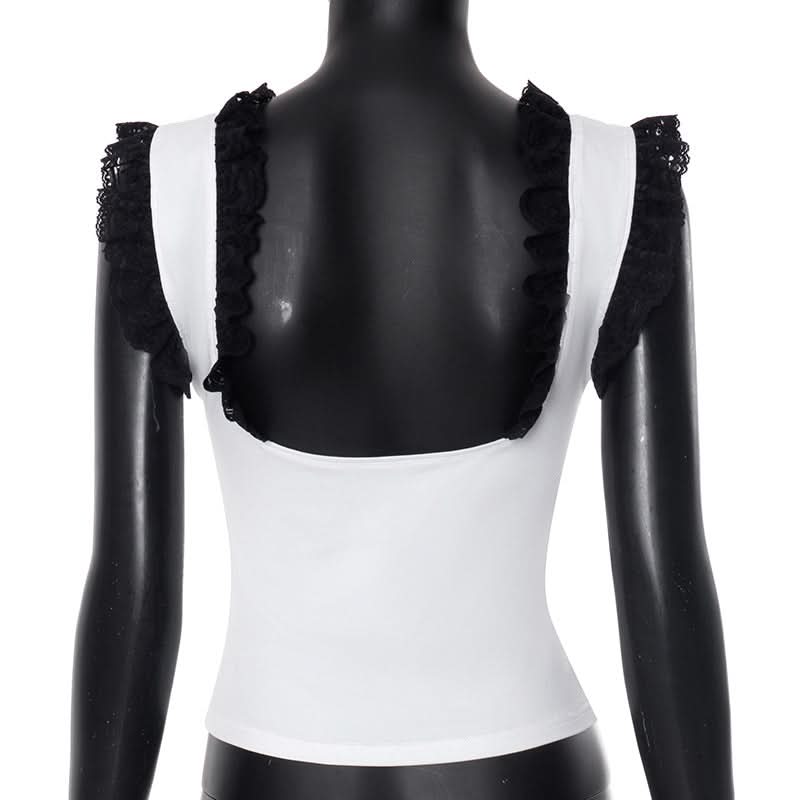 Fall Chic Square Neck Tank Top with Elegant Black Ruffle Lace Details