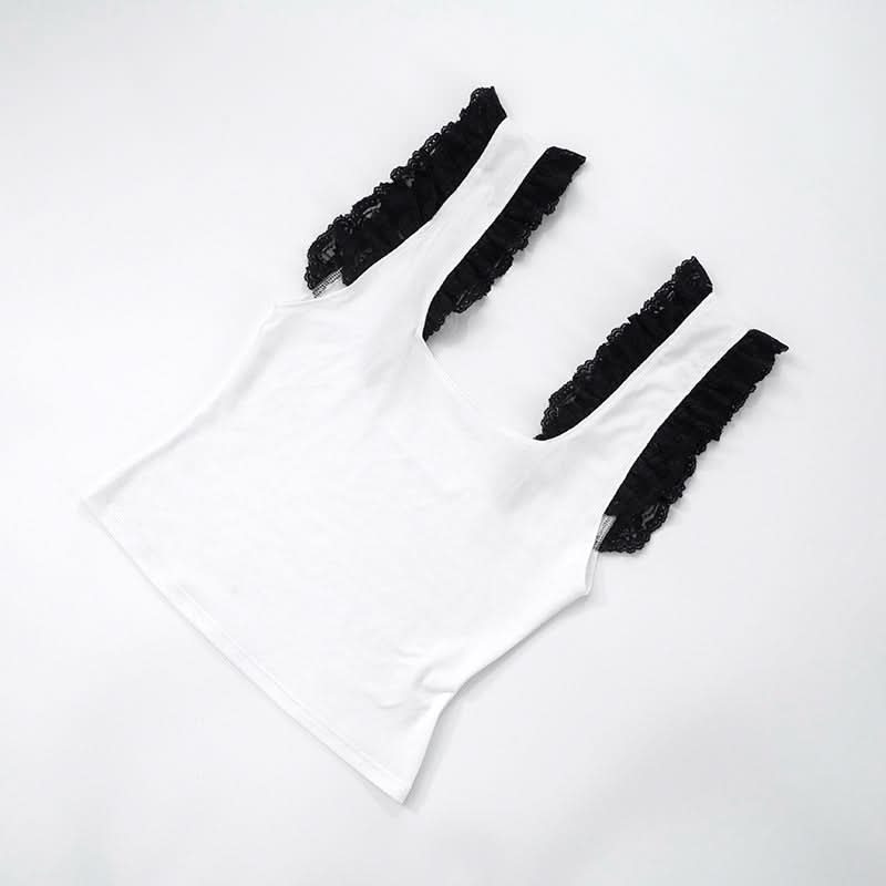 Fall Chic Square Neck Tank Top with Elegant Black Ruffle Lace Details