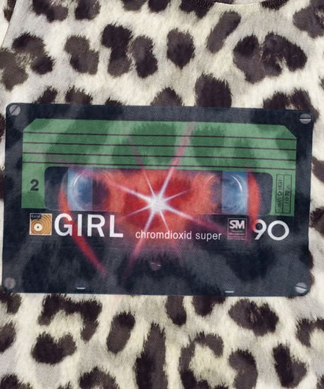 90s Girl Retro Cassette Leopard Print Mesh Top - Fall's Must-Have Long Sleeve