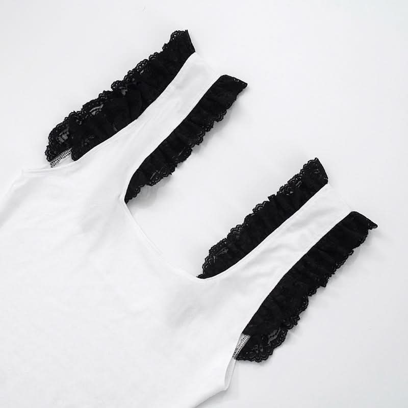 Fall Chic Square Neck Tank Top with Elegant Black Ruffle Lace Details