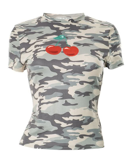 Sweet & Edgy Camo Cherry Print Fitted Tee | Trendy Fall Fashion Top for Women