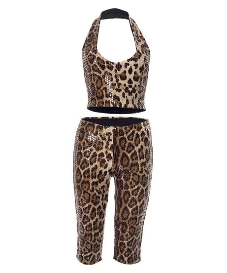 Fierce & Fabulous: Leopard Sequin Halter Crop Top & Capri Set – Your Ultimate Party & Halloween Glam Look