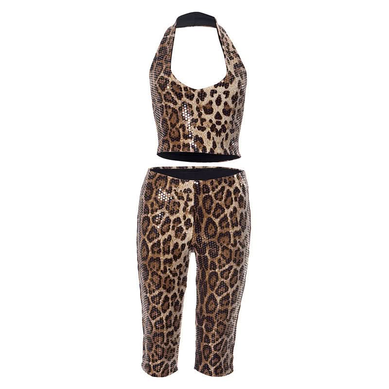 Fierce & Fabulous: Leopard Sequin Halter Crop Top & Capri Set – Your Ultimate Party & Halloween Glam Look