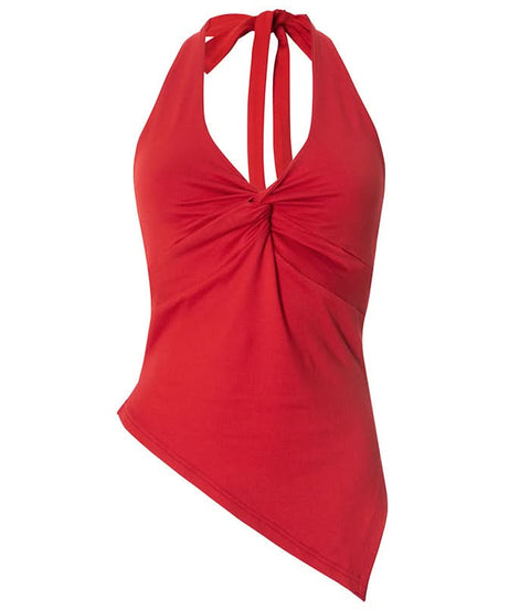 Effortless Fall Glam: Red Twisted Halter Top with Asymmetrical Hem – Your Go-To for Parties & Date Nights