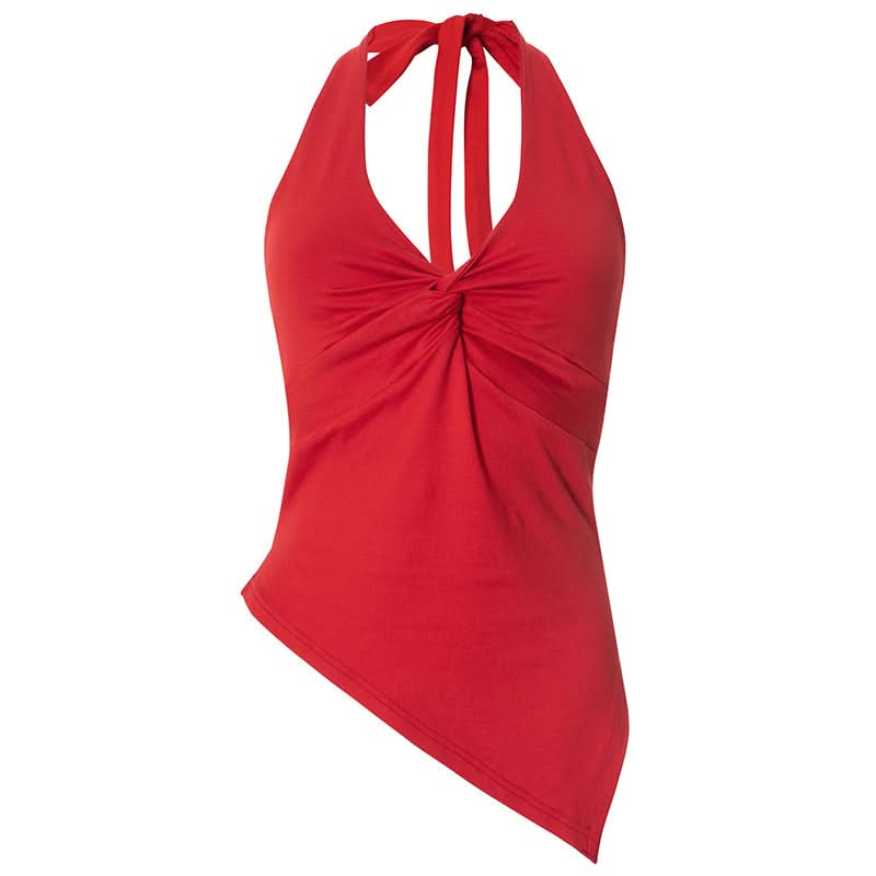 Effortless Fall Glam: Red Twisted Halter Top with Asymmetrical Hem – Your Go-To for Parties & Date Nights