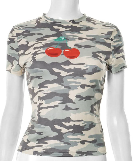 Sweet & Edgy Camo Cherry Print Fitted Tee | Trendy Fall Fashion Top for Women