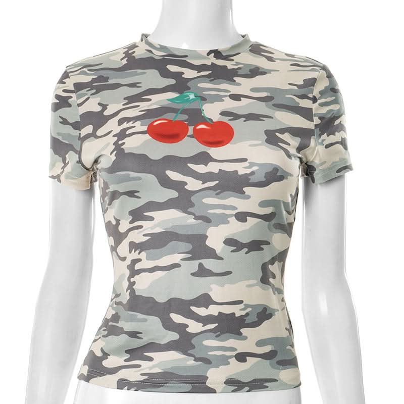 Sweet & Edgy Camo Cherry Print Fitted Tee | Trendy Fall Fashion Top for Women
