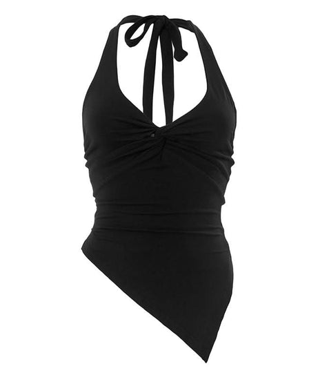 Effortless Fall Glam: Red Twisted Halter Top with Asymmetrical Hem – Your Go-To for Parties & Date Nights