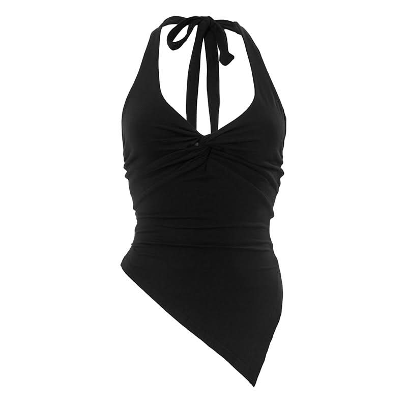 Effortless Fall Glam: Red Twisted Halter Top with Asymmetrical Hem – Your Go-To for Parties & Date Nights