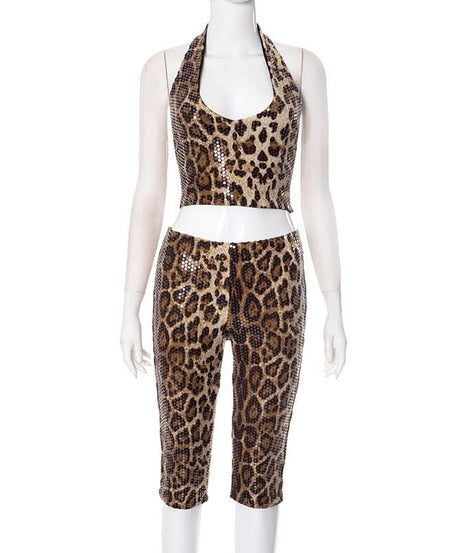 Fierce & Fabulous: Leopard Sequin Halter Crop Top & Capri Set – Your Ultimate Party & Halloween Glam Look