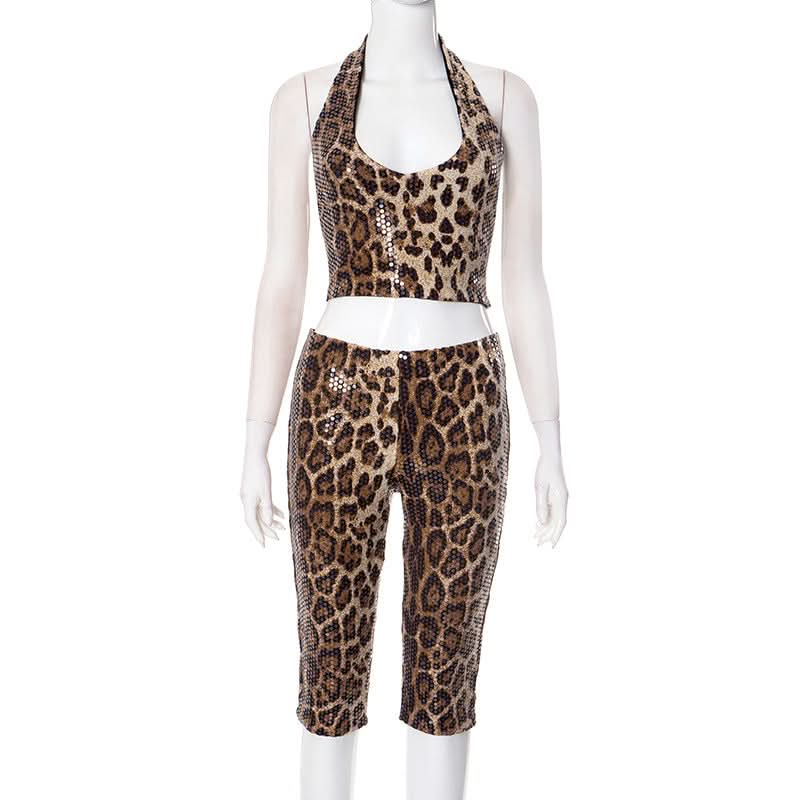 Fierce & Fabulous: Leopard Sequin Halter Crop Top & Capri Set – Your Ultimate Party & Halloween Glam Look