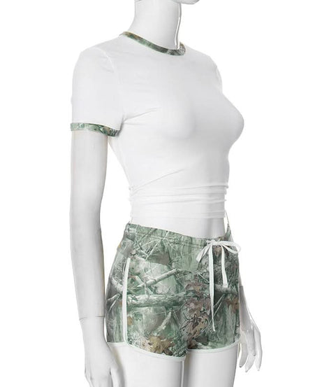 Effortless Fall Style: Women's Cozy Camo Crop Top & Drawstring Shorts Set