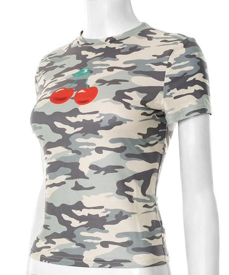 Sweet & Edgy Camo Cherry Print Fitted Tee | Trendy Fall Fashion Top for Women