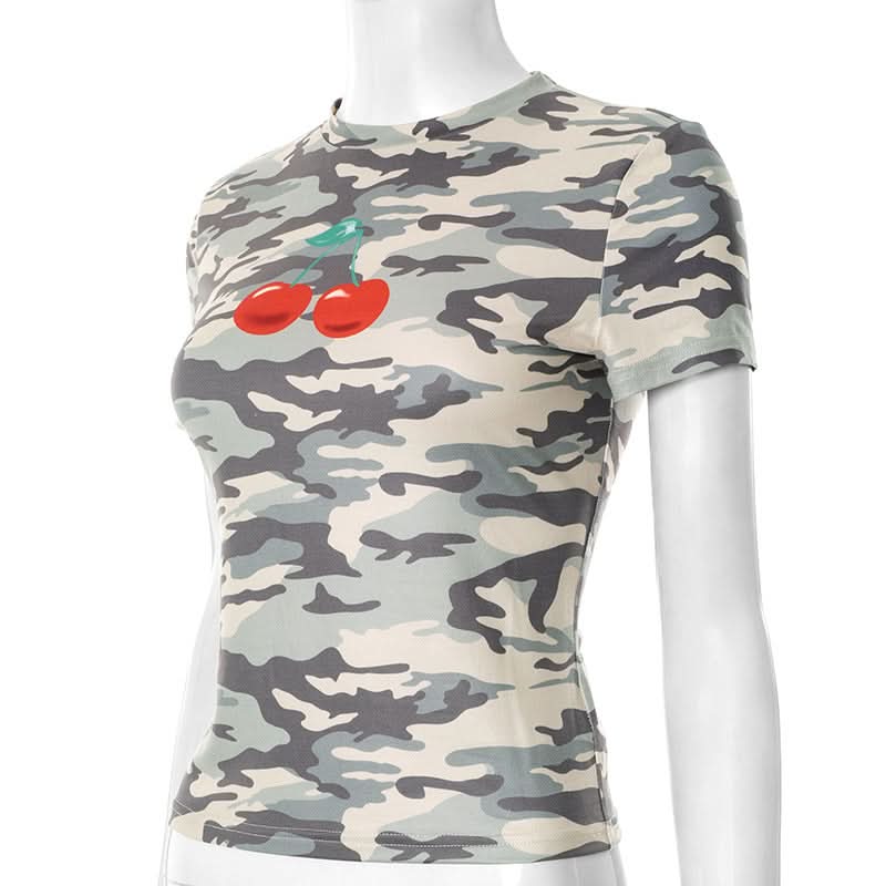 Sweet & Edgy Camo Cherry Print Fitted Tee | Trendy Fall Fashion Top for Women