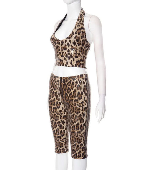 Fierce & Fabulous: Leopard Sequin Halter Crop Top & Capri Set – Your Ultimate Party & Halloween Glam Look