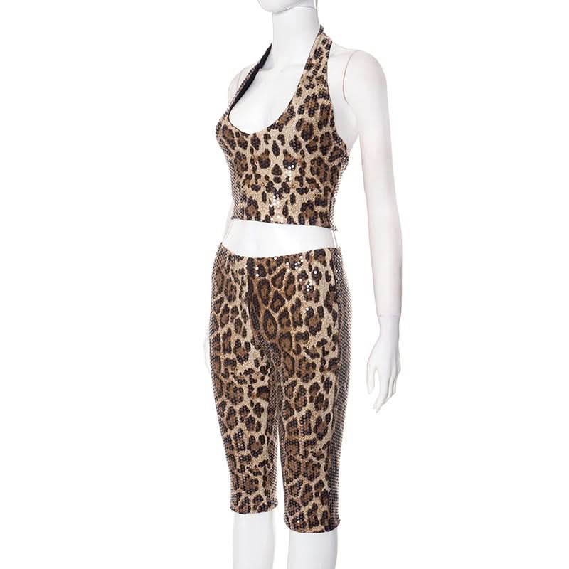 Fierce & Fabulous: Leopard Sequin Halter Crop Top & Capri Set – Your Ultimate Party & Halloween Glam Look
