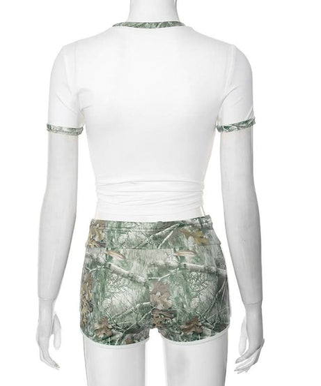 Effortless Fall Style: Women's Cozy Camo Crop Top & Drawstring Shorts Set