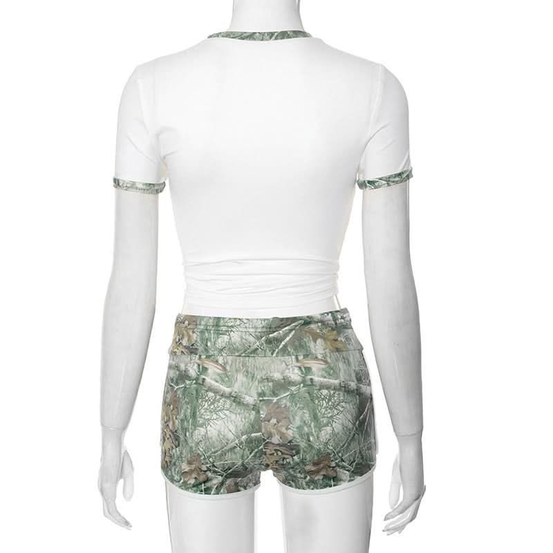 Effortless Fall Style: Women's Cozy Camo Crop Top & Drawstring Shorts Set