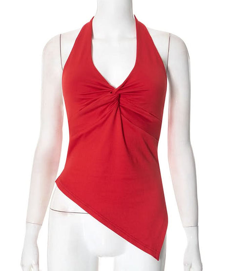 Effortless Fall Glam: Red Twisted Halter Top with Asymmetrical Hem – Your Go-To for Parties & Date Nights