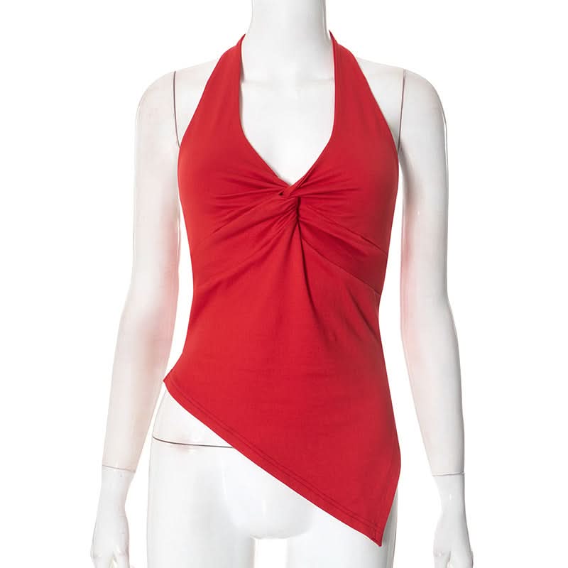 Effortless Fall Glam: Red Twisted Halter Top with Asymmetrical Hem – Your Go-To for Parties & Date Nights