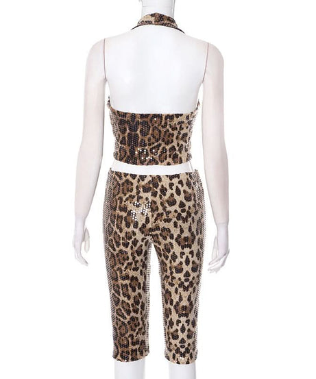 Fierce & Fabulous: Leopard Sequin Halter Crop Top & Capri Set – Your Ultimate Party & Halloween Glam Look