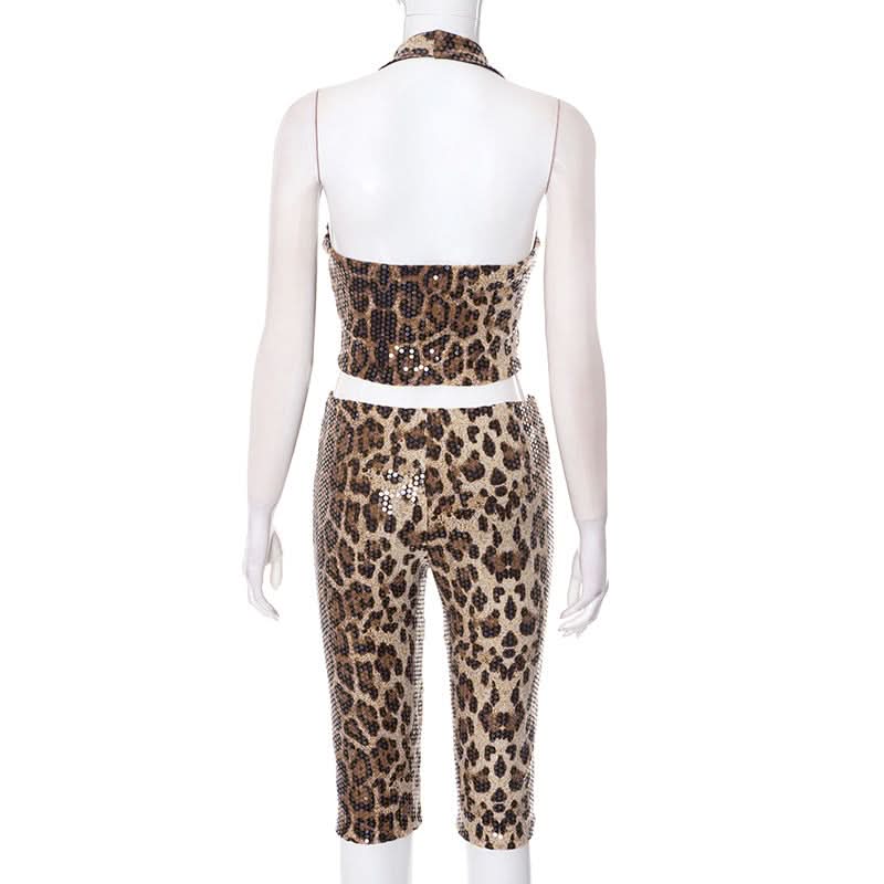 Fierce & Fabulous: Leopard Sequin Halter Crop Top & Capri Set – Your Ultimate Party & Halloween Glam Look