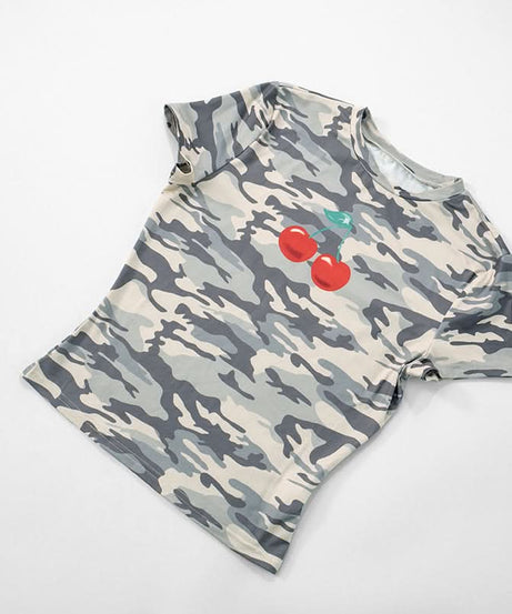 Sweet & Edgy Camo Cherry Print Fitted Tee | Trendy Fall Fashion Top for Women