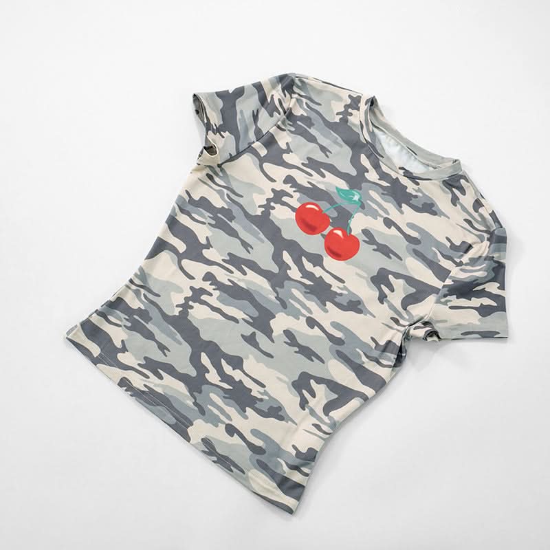 Sweet & Edgy Camo Cherry Print Fitted Tee | Trendy Fall Fashion Top for Women