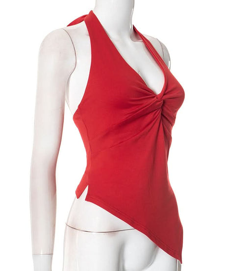 Effortless Fall Glam: Red Twisted Halter Top with Asymmetrical Hem – Your Go-To for Parties & Date Nights