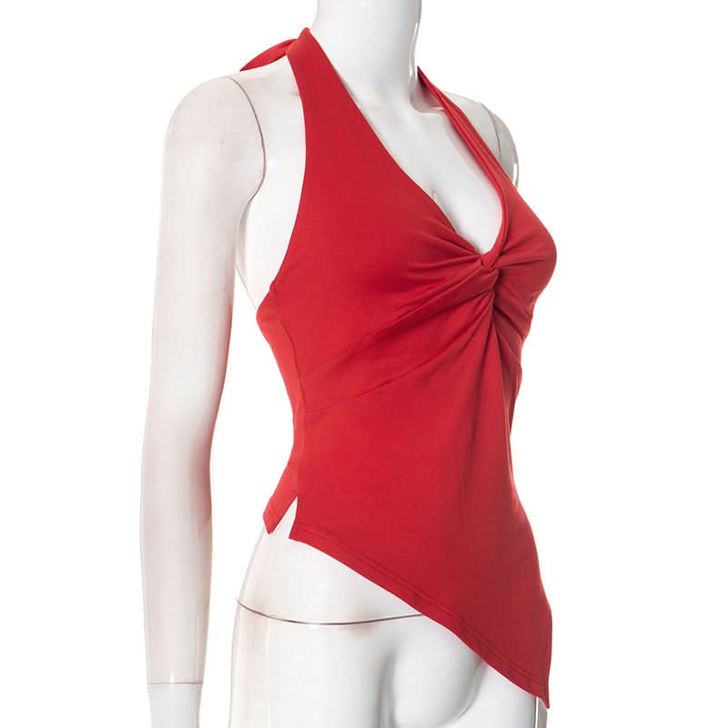 Effortless Fall Glam: Red Twisted Halter Top with Asymmetrical Hem – Your Go-To for Parties & Date Nights