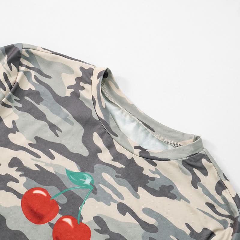Sweet & Edgy Camo Cherry Print Fitted Tee | Trendy Fall Fashion Top for Women