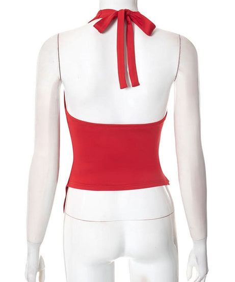 Effortless Fall Glam: Red Twisted Halter Top with Asymmetrical Hem – Your Go-To for Parties & Date Nights