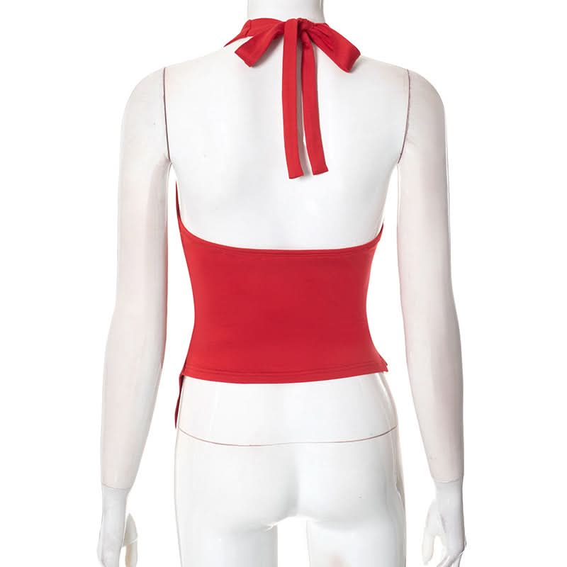 Effortless Fall Glam: Red Twisted Halter Top with Asymmetrical Hem – Your Go-To for Parties & Date Nights