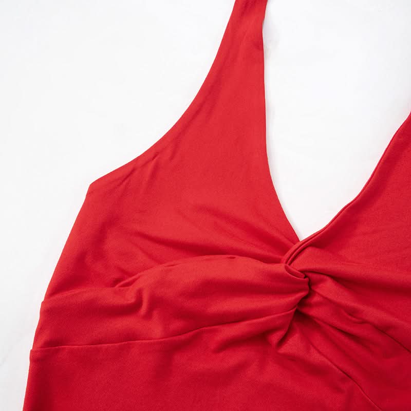 Effortless Fall Glam: Red Twisted Halter Top with Asymmetrical Hem – Your Go-To for Parties & Date Nights