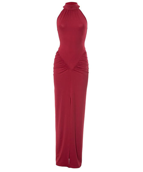 Crimson Halter Neck Ruched Slit Maxi Dress - Fall & Holiday Glamour