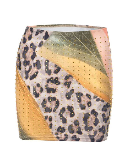 Glam Leopard & Colorblock Studded Mini Skirt - Fall Party Ready & Night Out Chic