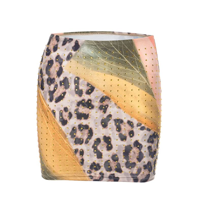 Glam Leopard & Colorblock Studded Mini Skirt - Fall Party Ready & Night Out Chic