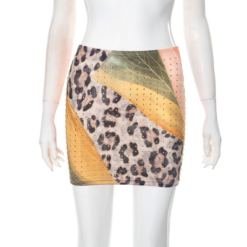 Glam Leopard & Colorblock Studded Mini Skirt - Fall Party Ready & Night Out Chic