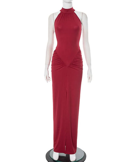 Crimson Halter Neck Ruched Slit Maxi Dress - Fall & Holiday Glamour