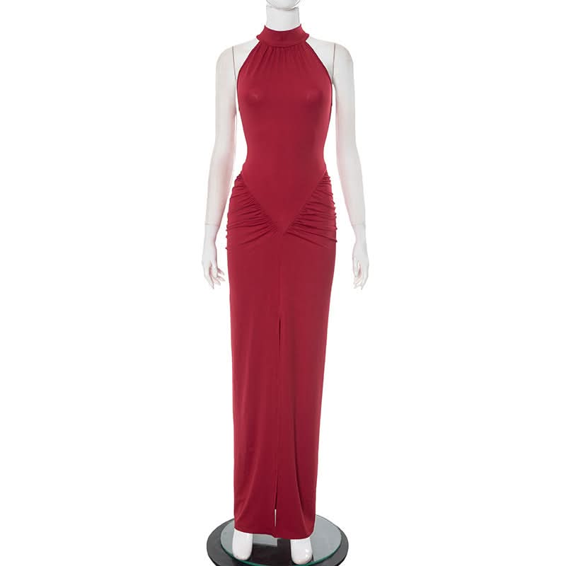 Crimson Halter Neck Ruched Slit Maxi Dress - Fall & Holiday Glamour