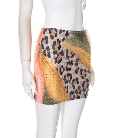 Glam Leopard & Colorblock Studded Mini Skirt - Fall Party Ready & Night Out Chic