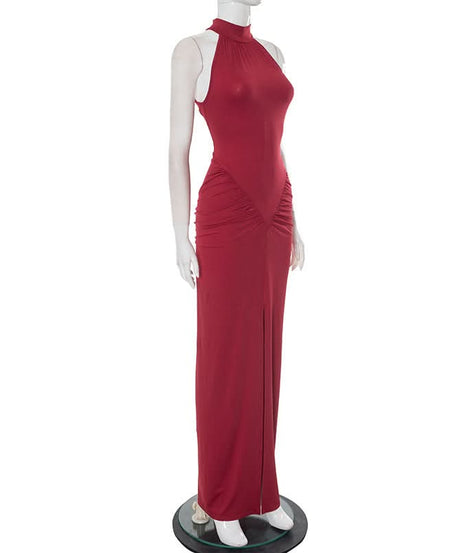 Crimson Halter Neck Ruched Slit Maxi Dress - Fall & Holiday Glamour