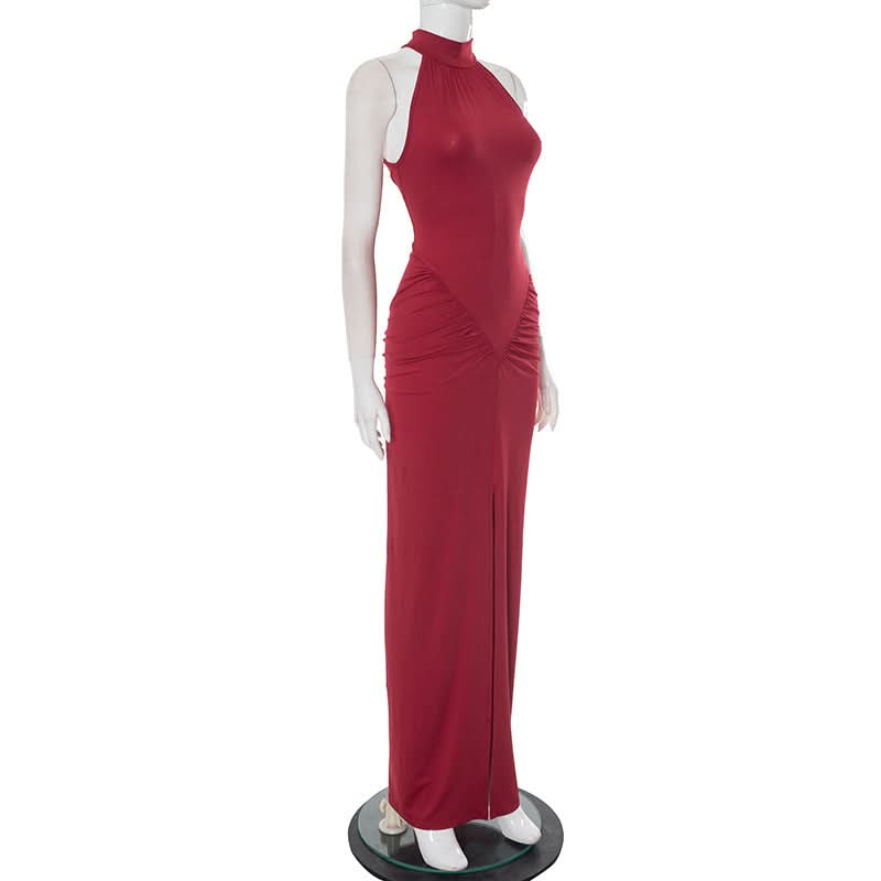 Crimson Halter Neck Ruched Slit Maxi Dress - Fall & Holiday Glamour