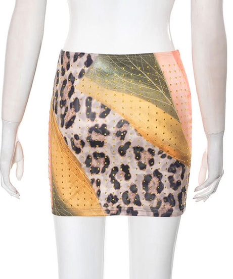 Glam Leopard & Colorblock Studded Mini Skirt - Fall Party Ready & Night Out Chic