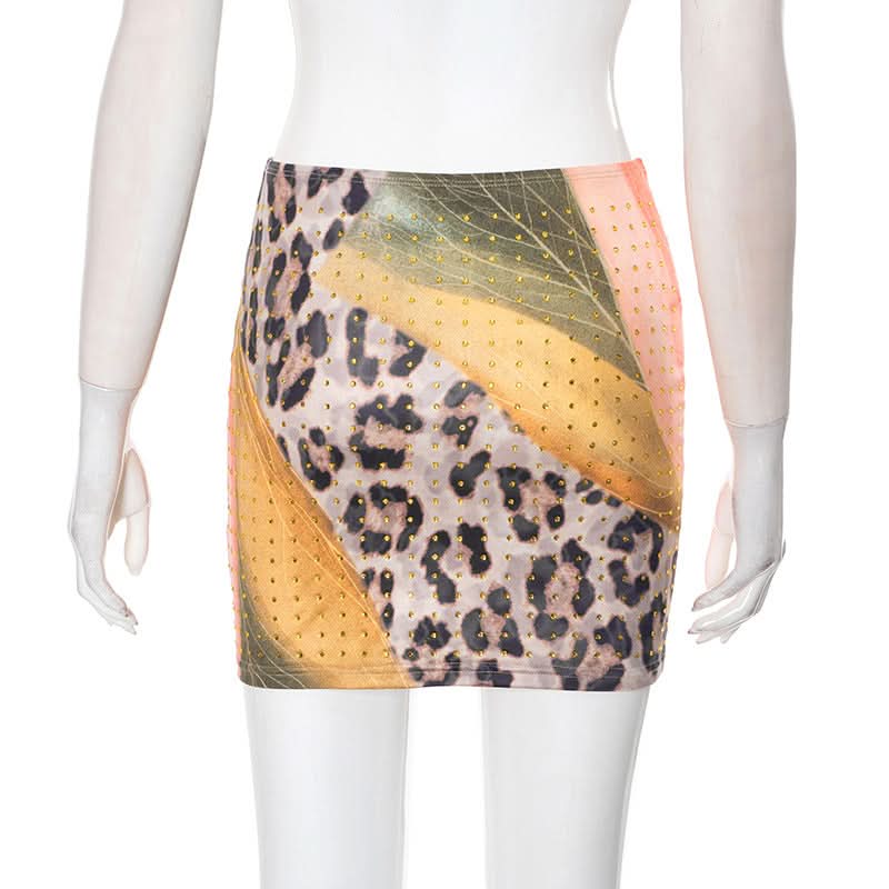 Glam Leopard & Colorblock Studded Mini Skirt - Fall Party Ready & Night Out Chic