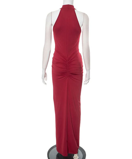 Crimson Halter Neck Ruched Slit Maxi Dress - Fall & Holiday Glamour