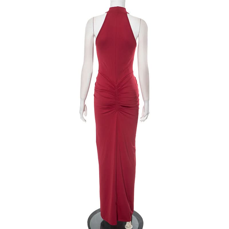 Crimson Halter Neck Ruched Slit Maxi Dress - Fall & Holiday Glamour