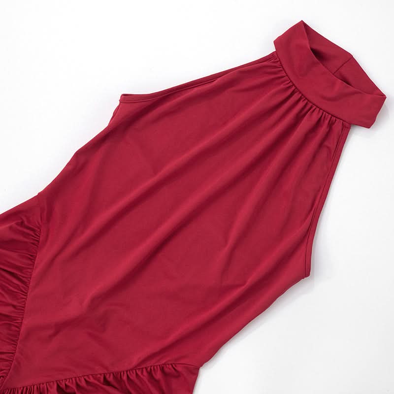 Crimson Halter Neck Ruched Slit Maxi Dress - Fall & Holiday Glamour