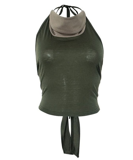 Fall Vibes: Olive Green Layered Mock Neck Halter Crop Top with Tie-Back