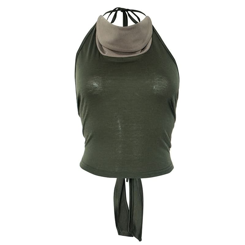 Fall Vibes: Olive Green Layered Mock Neck Halter Crop Top with Tie-Back